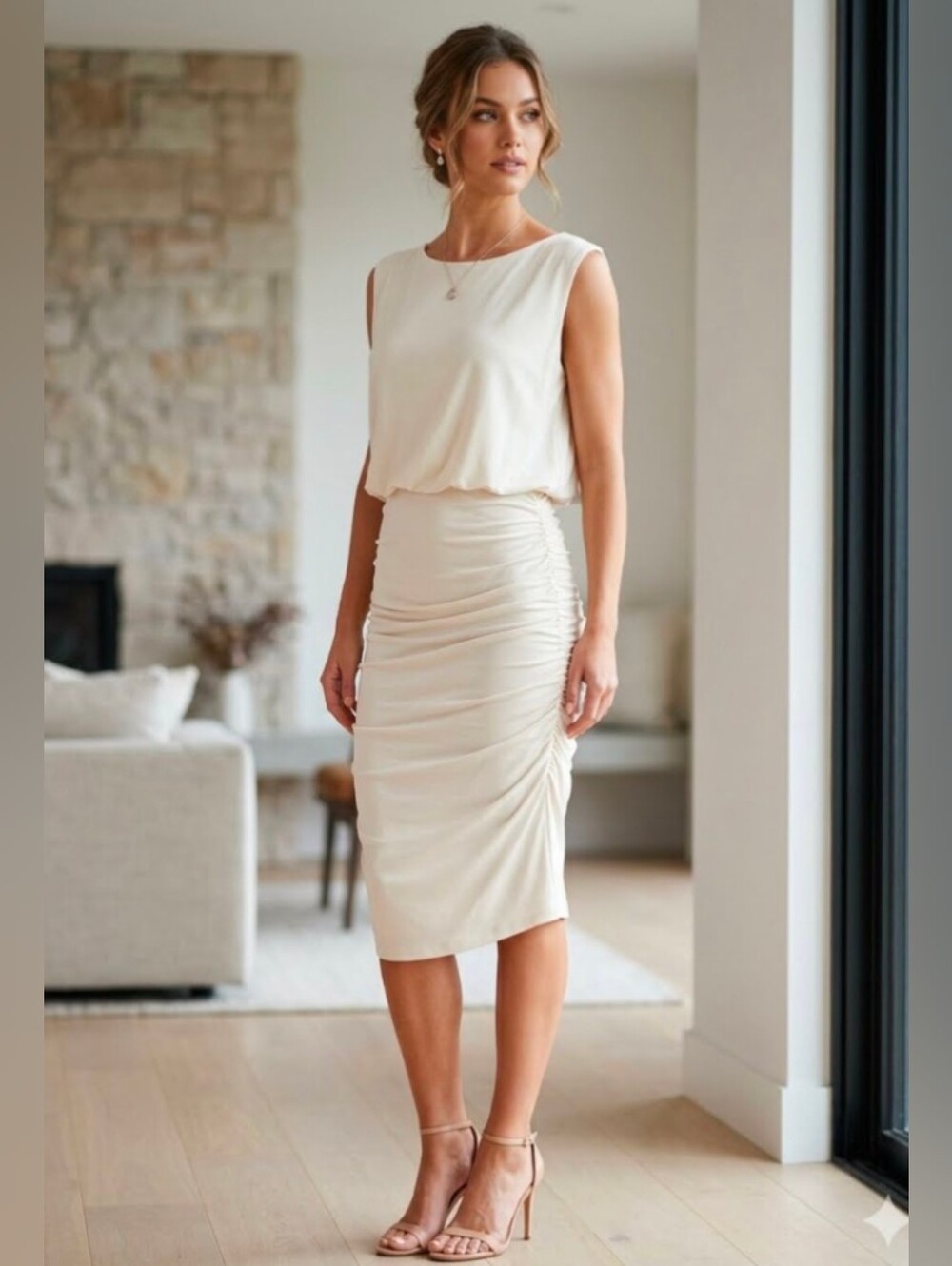 bobi Ivory Blouson Midi Dress with Side Ruched Skirt Double Layer Fully Lined S